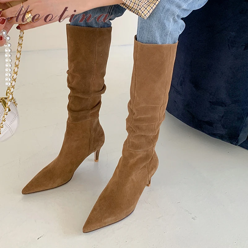 Meotina Genuine Leather Knee High Boots Cow Suede Women Shoes Thin High Heel Boots Pointed Toe Ladies Boots Autumn Black Brown