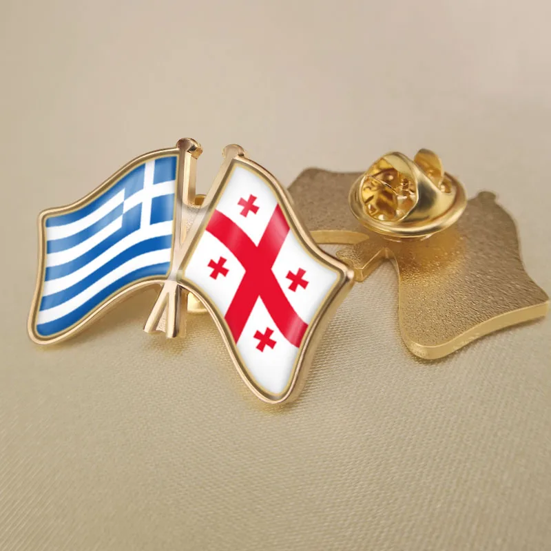 Georgia and Greece Crossed Double Friendship Flags Lapel Pins Brooch Badges