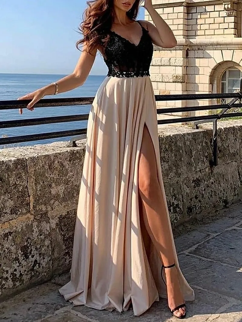 Chữ A Màu Khối Chính Thức Dạ Hội Spaghetti Dây Chia Ren Appliuques Vũ Hội Đảng Đồ Bầu Đầm Vestido De Fiesta De Boda