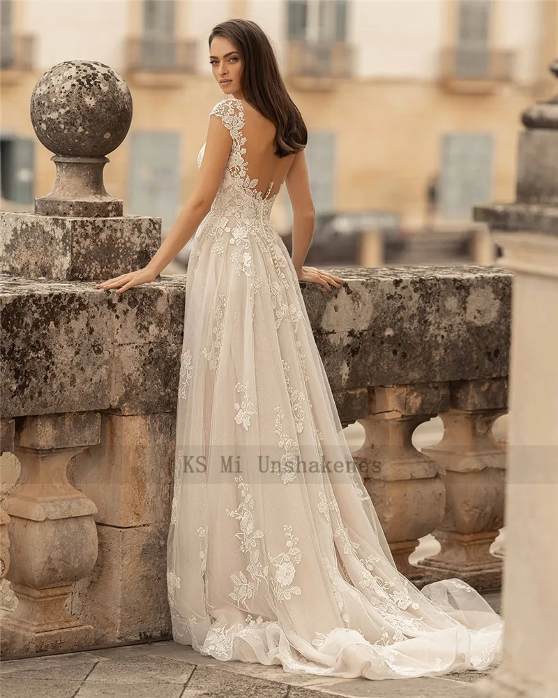 Abiti da sposa Vintage Boho una linea scollo A V manica manica pizzo abito da sposa Backless estate spiaggia abiti da sposa Robe de Mariee