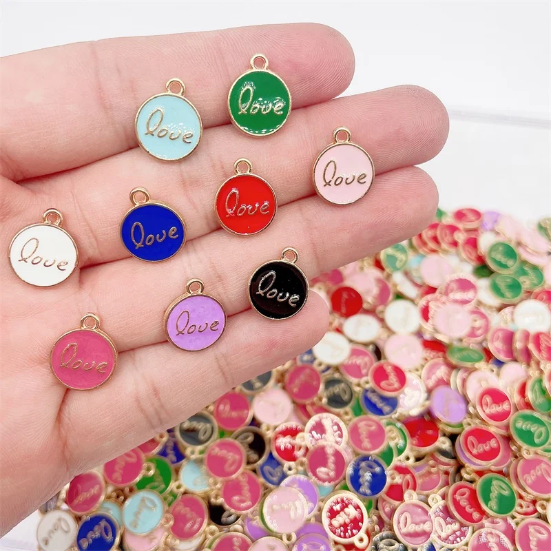 20Pcs 14x12MM Fashion Dripping Oil Alloy Letter Pendant Enamel Round LOVE Alphabet Charm For Bracelet Jewelry Making Accessories