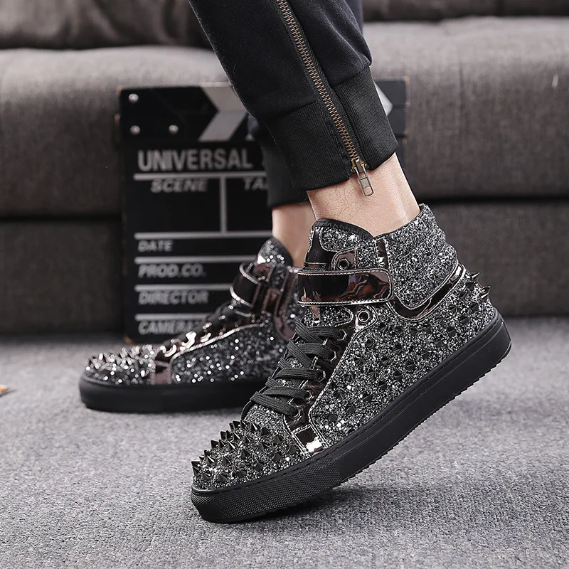 

Spring Autumn Men Lace Up Bling Shoes Male Gold Silver Studs High Top Men Super Cool Sneakers Glitter Flats