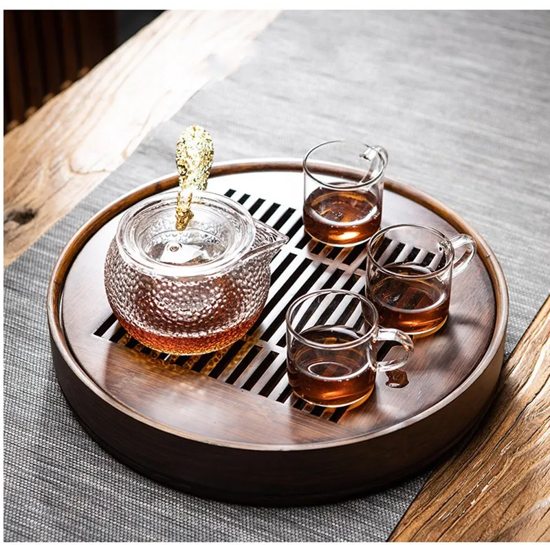 Peony Flower Round Tea Tray-Natural Bamboo Wood Tea tabl Tray Tea Set Board Bamboo Pu er Tea Tray Kitchen Accessories