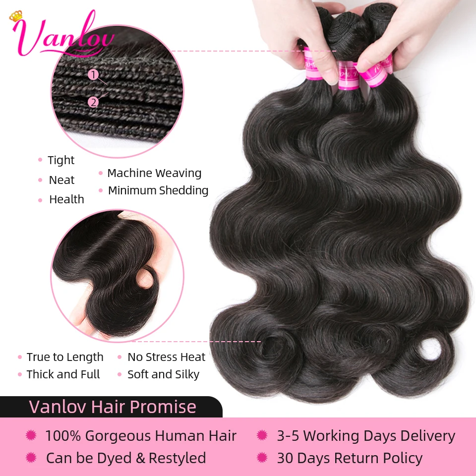 Vanlov Brazilian Body Wave Bundles With Closure Pre Plucked Human Hair Weave Bundles With Closure 4x4 100% Remy Hair Extensions