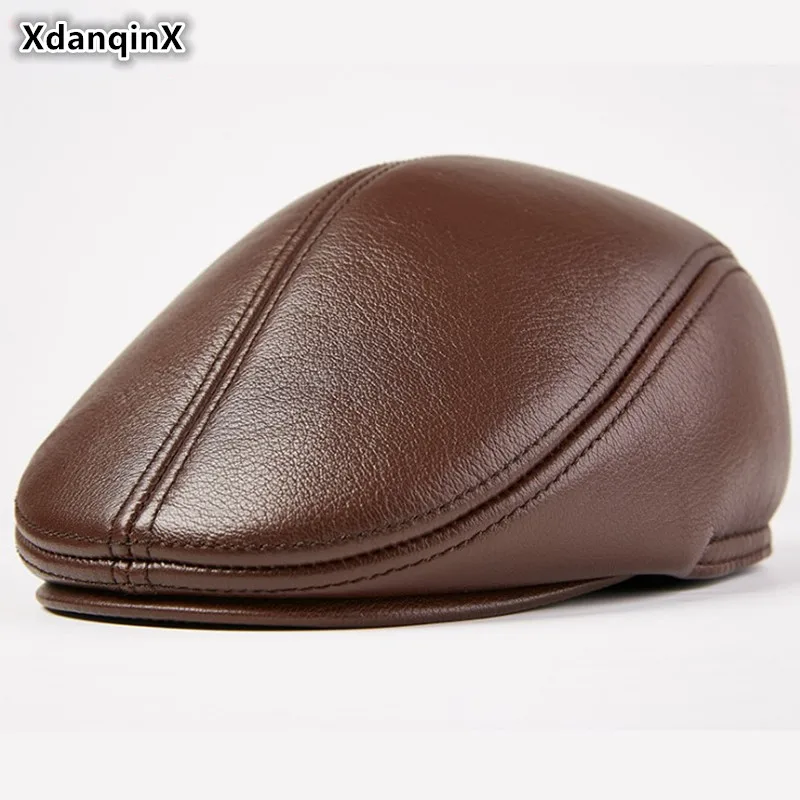 XdanqinX 2024 New Genuine Leather Hat Autumn Winter Warm Thick Earmuffs Hats Men\'s Sheepskin Berets Multicolor Dad\'s Leather Cap