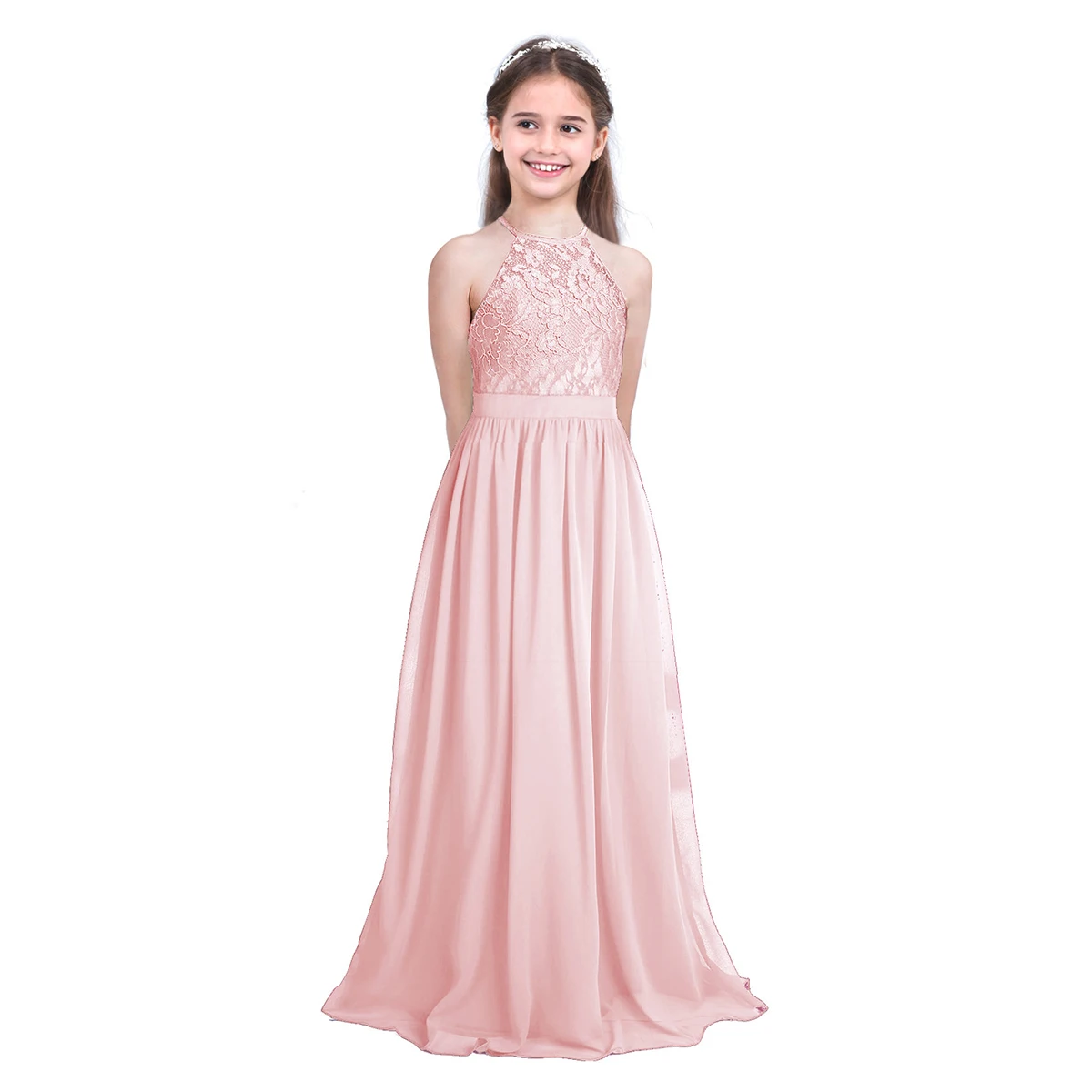 

Girls Lace Chiffon Halter Flower Girl Dresses Princess Pageant Wedding Birthday Party Dress Kids First Communion Maxi Long Dress