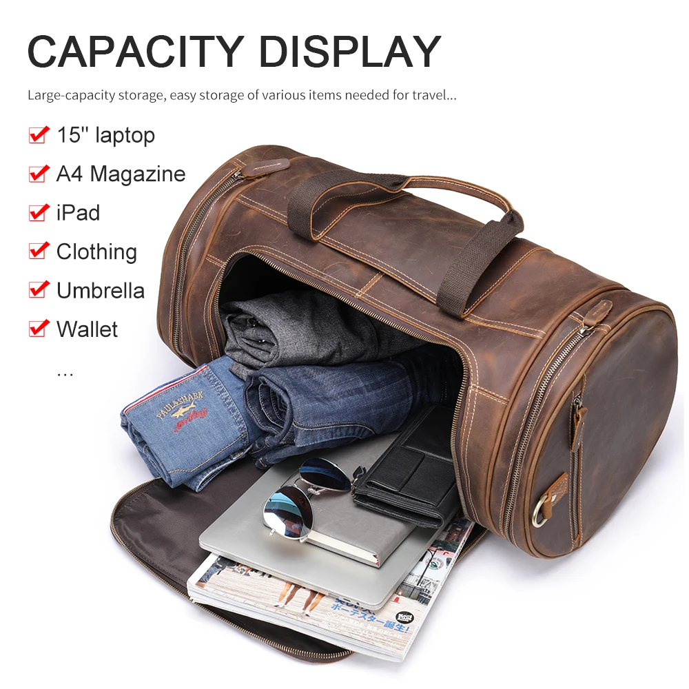 MVA Leather Travel Duffel Bags for Men Women Full Grain Leather Overnight Weekend Bags Sports Gym Duffle Hand Luggage Shoulder