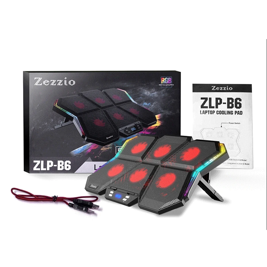 Zezzio ZLP-B6 RGB Laptop Cooler Base 12 Mode 6PCS Ultra Quiet Strong Fans 12-17Inch Notebook Cooling Pad Notebook Stand