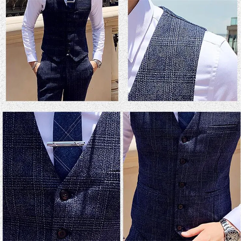 Blue Mens Plaid Suit Pants and Vest Set, Business, Wedding, Party Trousers Vests, Asian size M-5xl, Autumn Waistcoat Pants Men