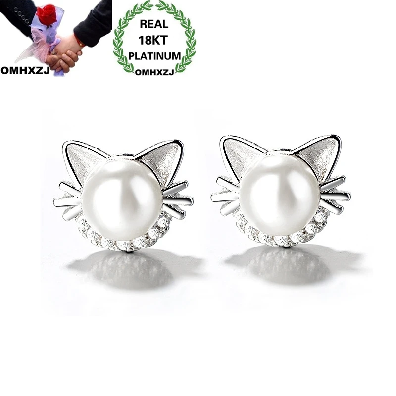 OMHXZJ Wholesale European Fashion Woman Girl Party Birthday Wedding Gift Cat Pearl Zircon 18KT White Gold Stud Earrings EA505