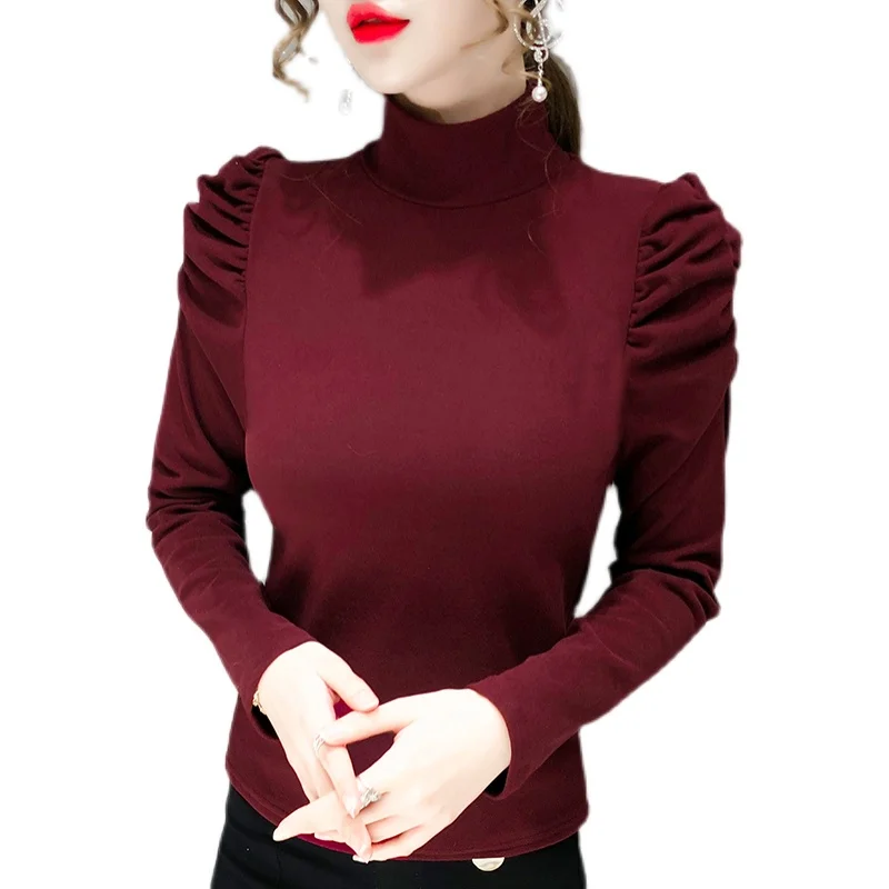 Women T-shirt Spring Autumn Turtleneck Clothes Ribbed Long Puff Sleeve Crop Tops Tees Female Slim Black White Tops