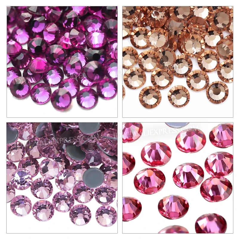 Rose Fuchsia Pink Champagne hot fix rhinestone flat back crystals strass stone to diy hotfix on fabric garment bag glitters