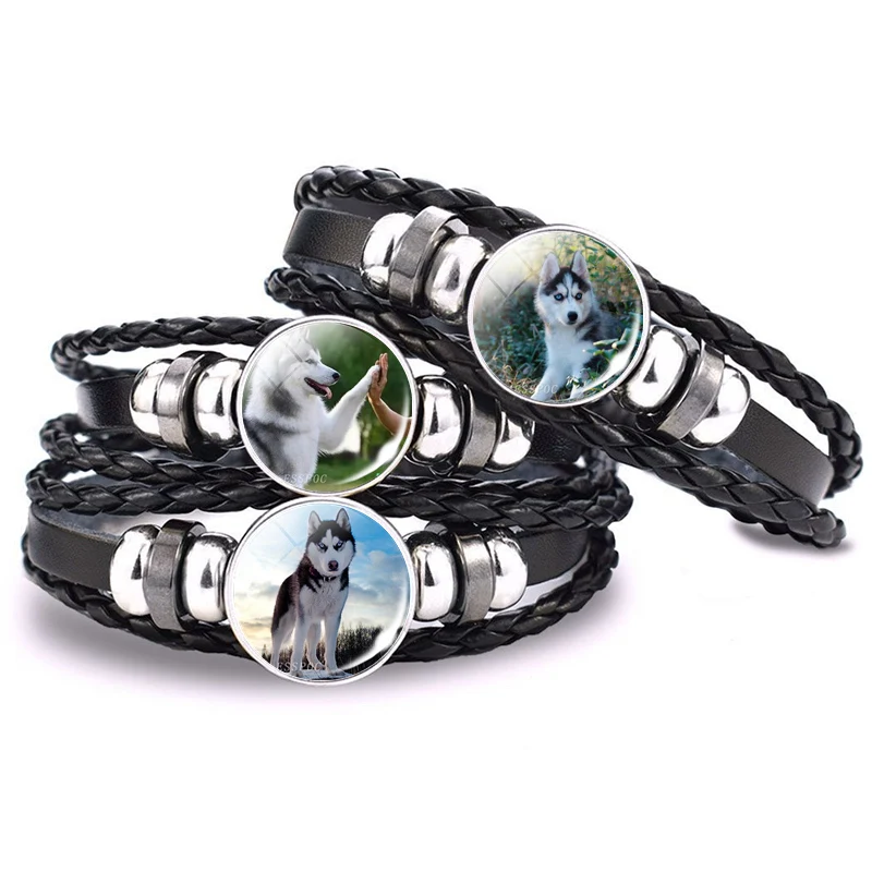 Pulsera de animales Husky siberiano cabujón de cristal pulsera de botón trenzado brazalete tejido de cuero negro joyería de perro lindo para hombres y mujeres
