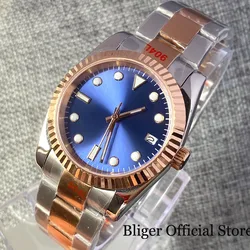 BLIGER 36mm/39mm Sunburst Fluted Bezel NH35A MIYOTA Mechanical Men Watch Two Tone Rose Gold Jubilee Steel Band Blue Dial