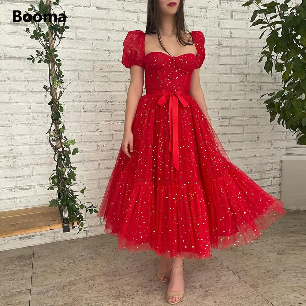 Booma Sparkly Red Starry Tulle Midi Prom Dresses maniche corte Sweetheart Tea-lunghezza A-Line abiti da sera formali con cintura a fiocco