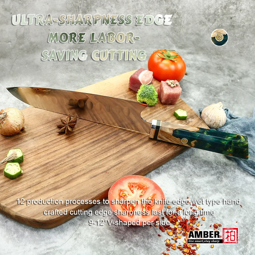 AMBER 7 inch Santoku Knife 67 Layers VG10 Damascus Steel Kitchen Knives Expoxy Resin Stabilized Wood Handle Japanese Knife