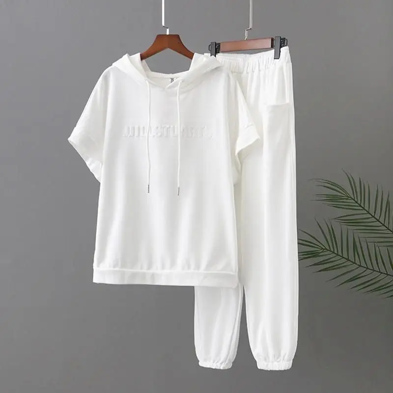 2024 Summer New Women Suit Sports Suit Korean Loose Age-reducing Oversized Hooded Short Sleeve T-shirt Leisure Pants 2 Piece Set