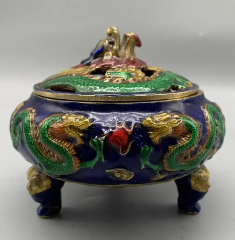 

Archaize brass cloisonne double dragon play bead Incense burner crafts statue