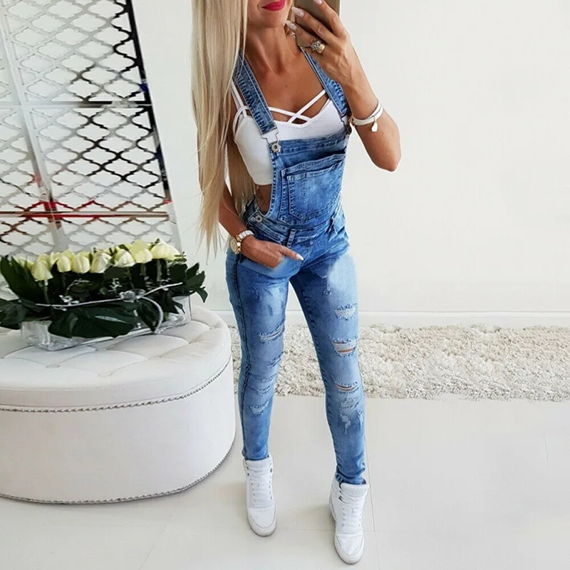 Fashion Womens Denim Overalls Jumpsuits En Rompertjes Skinny Slim Jeans Lange Jumpsuit Ripped Gat Potlood Broek Overalls