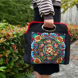 Vintage totes bag Bohemia embroidered Canvas bags Black Fashion  Casual women's Handbag Large briefcase