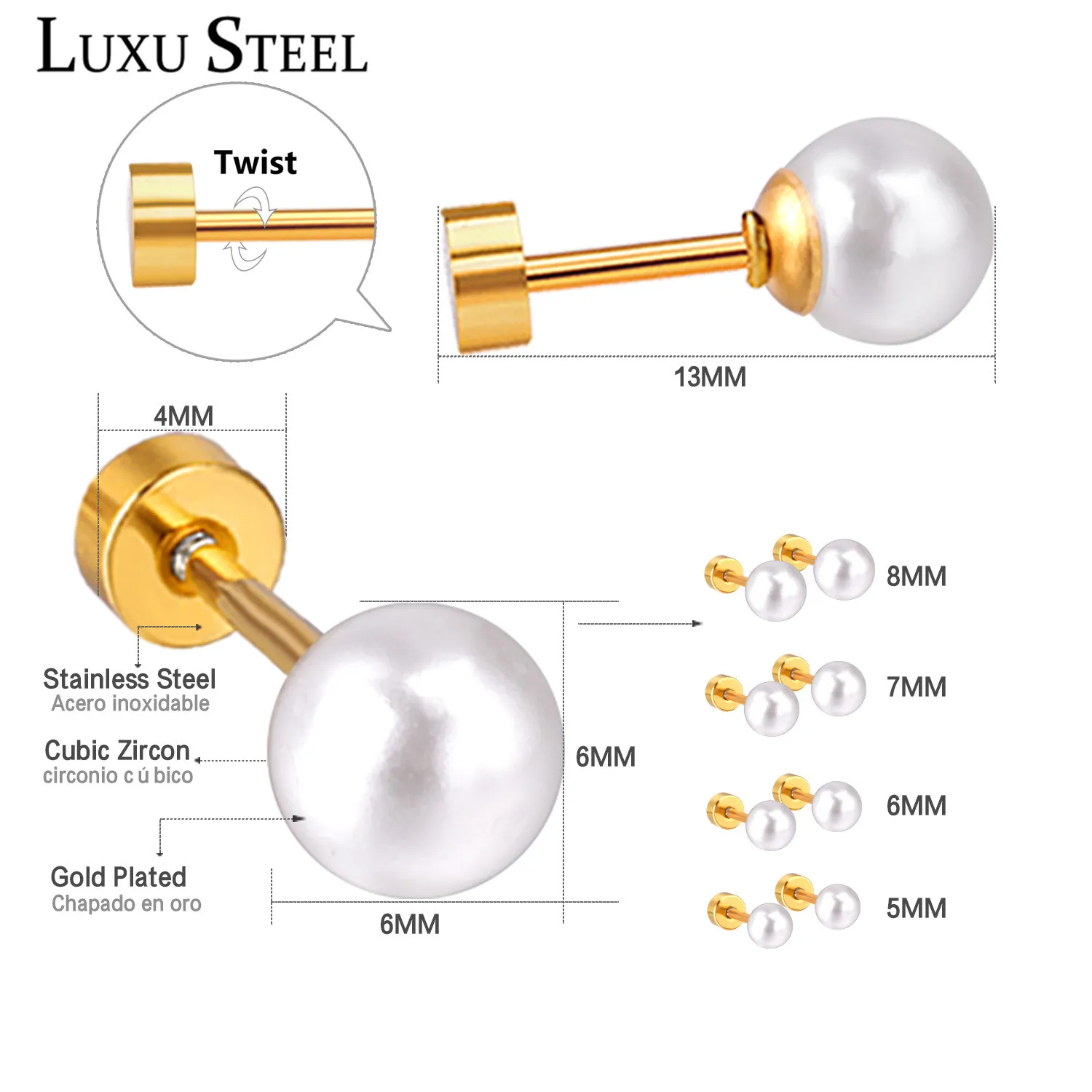 LUXUSTEEL Crystal Earrings For Women Stainless Steel Round Imitation Pearl 4mm-7mm Screw Stud Earring Fashion Jewelry Gifts 2022