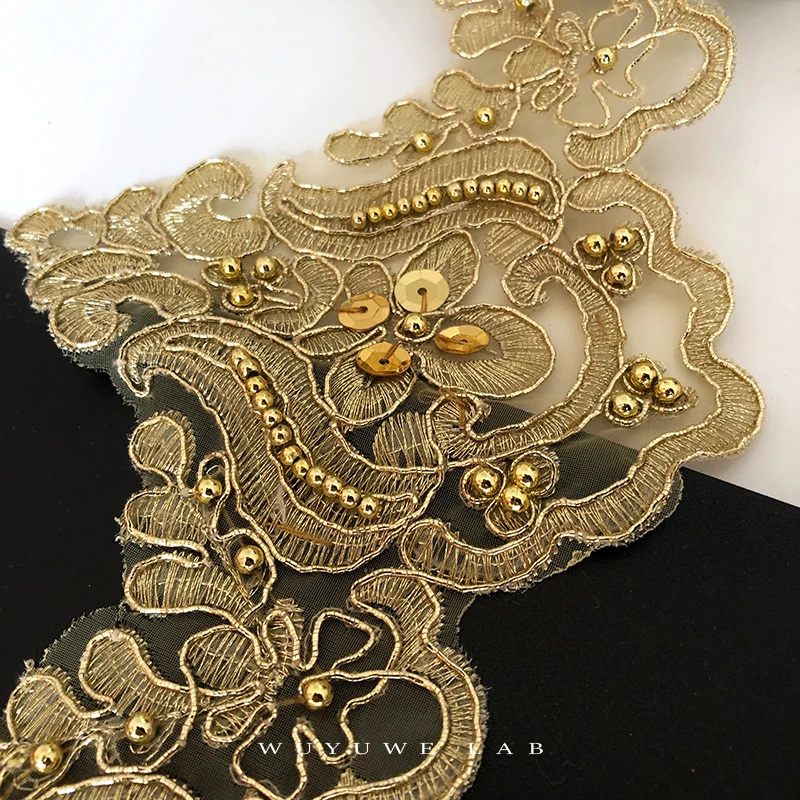 1yard Gold Sequins Beading Mesh Lace Trims Applique Trimming Luxury Embroidery Lace Fabric for Wedding Dresses Accessories 10cm