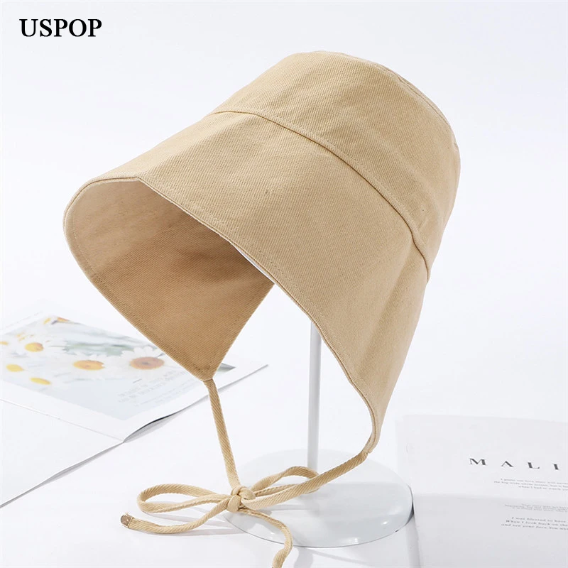 USPOP 2022 Spring New Fashion Women Bucket Hats Vintage Lace-up Bucket hat Solid Color 100% Cotton Summer Hats