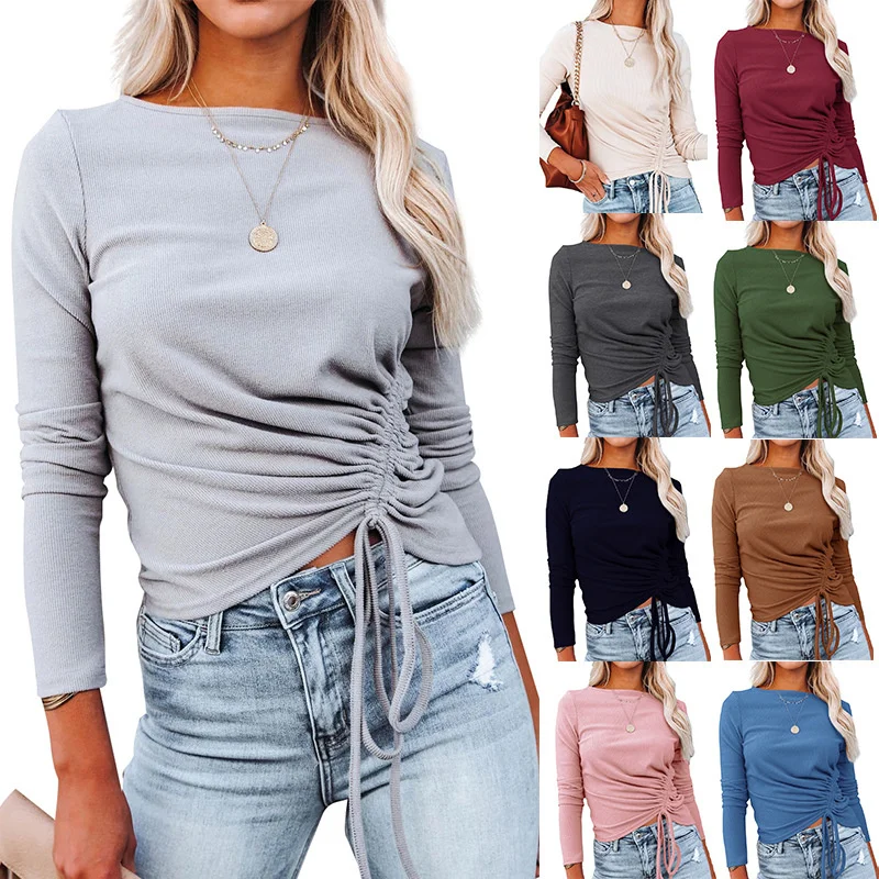 2023 Autumn Winter New Women Solid Color Tops Drawstring Long Sleeves Shirts Fashion Clothes Bottoming Female Casual Sweaters