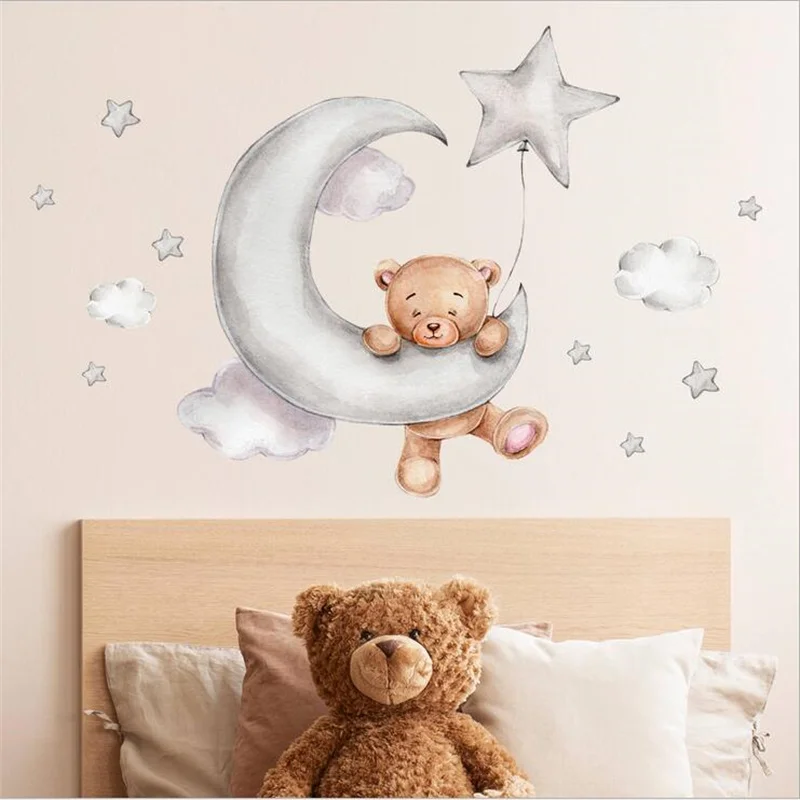 

New Cartoon Bear On The Moon Clouds Stars Wall Stickers For Boys And Girls Bedroom Children's Room Home Decoration Wallpaper