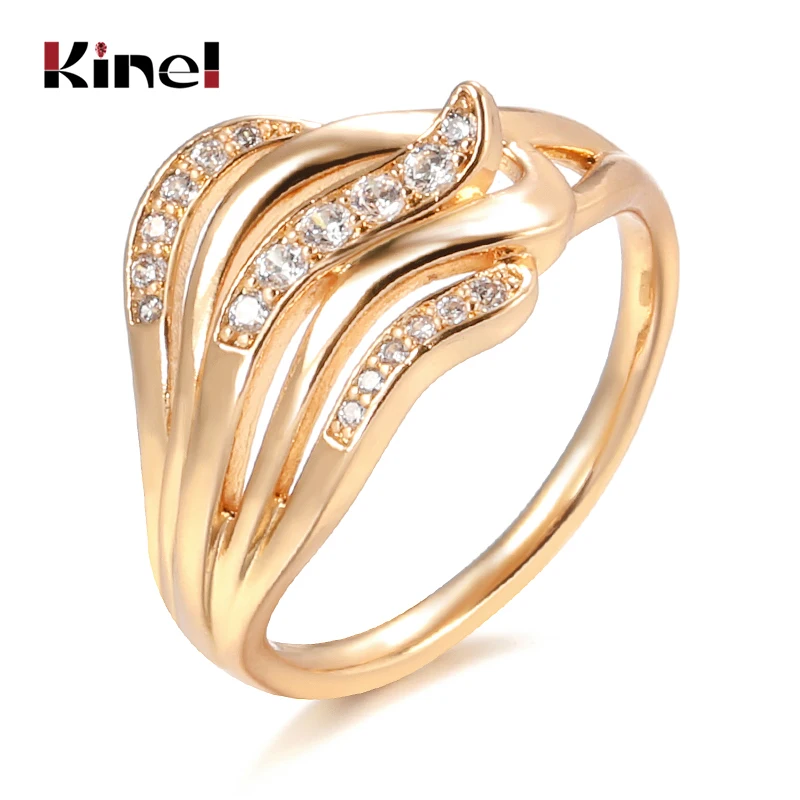 Kinel Hot 585 Rose Gold Wave Ring Natural Zircon Hollow line Ethnic Wedding Rings for Women Vintage Fine Jewelry