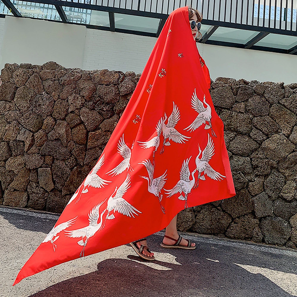 Bufanda de algodón con estampado de pájaros para mujer, chales cálidos de talla grande, protección solar, color rojo, Otoño, 2020