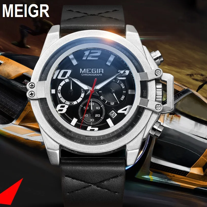 MEGIR official Men's Fashion Sport Watches Men Chronograph Quartz Clock Man Leather Military Waterproof Watch Relogio Masculino