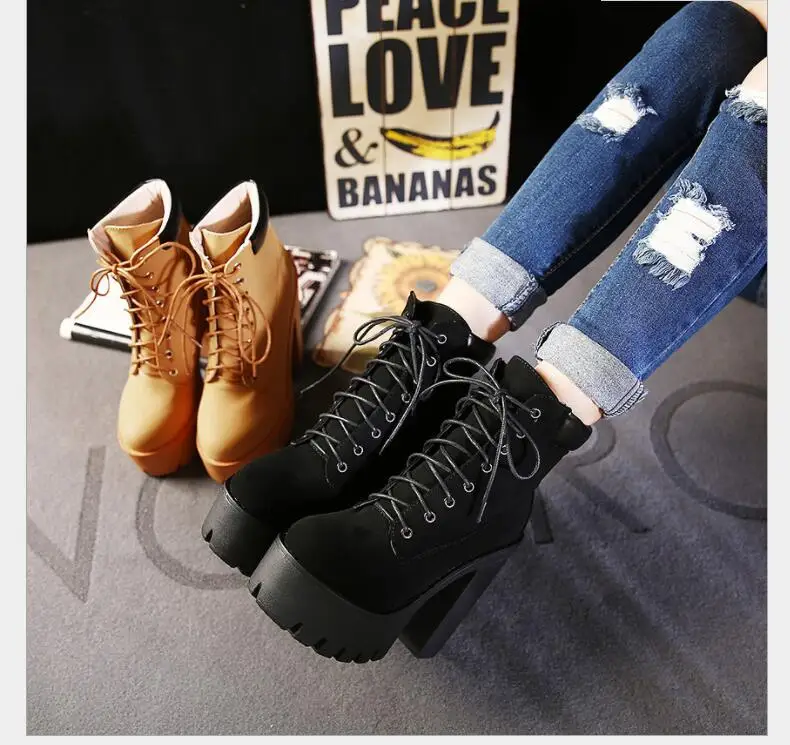 Sexy Fashion Spring Autumn Platform Ankle Boots Women Lace Up Shoes Thick Heel Platform Boots Ladies Worker Boots Black Big Size