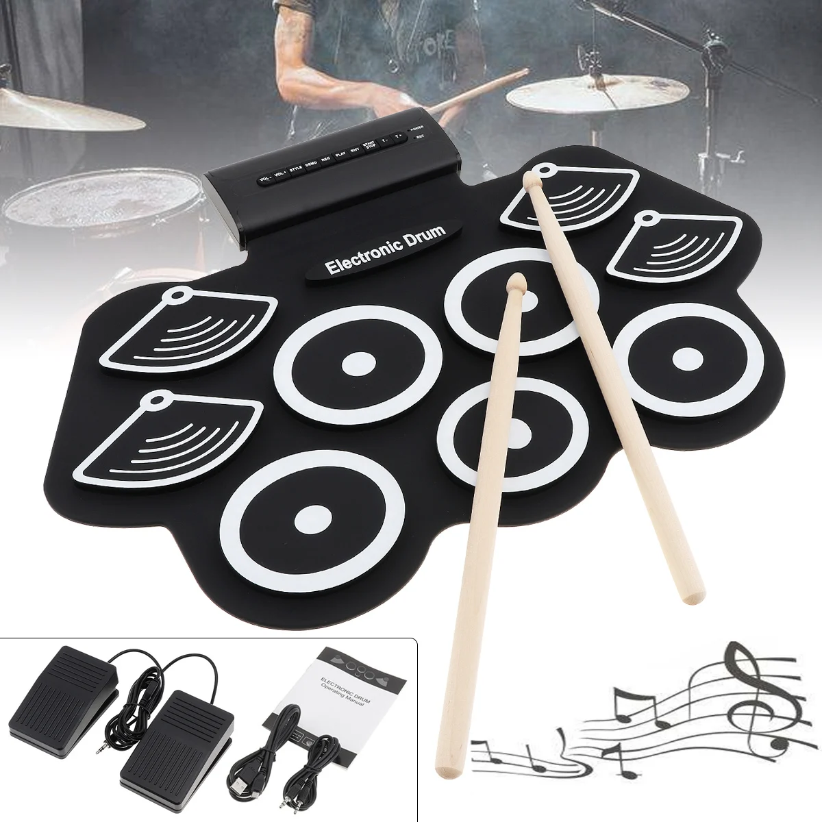 

7 / 9 Pads Electronic Roll up Thicken Silicone Electric Drum Kit with Drumsticks and Sustain Pedal for Beginners / Performance