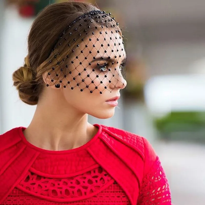 Diadema de boda con cuentas de cristal para novia, accesorios para el cabello negro, jaula de pájaros, máscara de red facial blanca, velos encantadores, fascinador