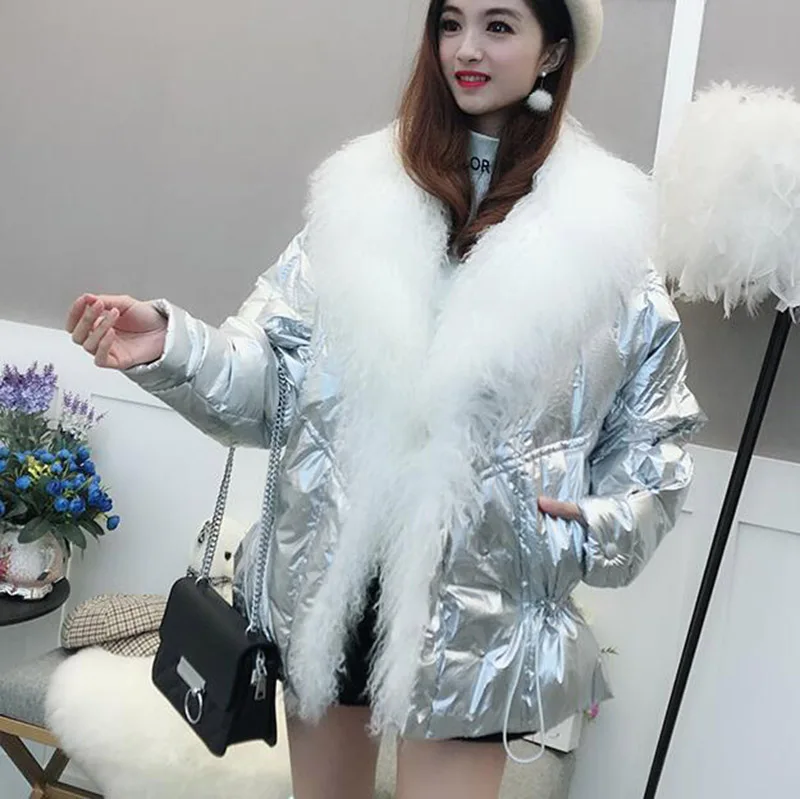 

Women Winter Down Jacket Coat Long Warm Silver Parkas Mongolia Sheep Fur Duck Down Coat Parka