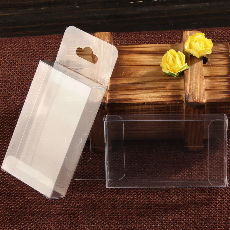 100Pcs/Lot PVC 15MMX40MMX70MM Clear Plastic Packaging Boxes with Hang Hole Small Craft Gift Transparent Package Box