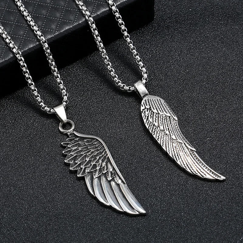 Personality Men\'s Women\'s Jewelry Vintage Cross Angel Wing Pendant Necklace  Long Stainless Steel Necklace Charms