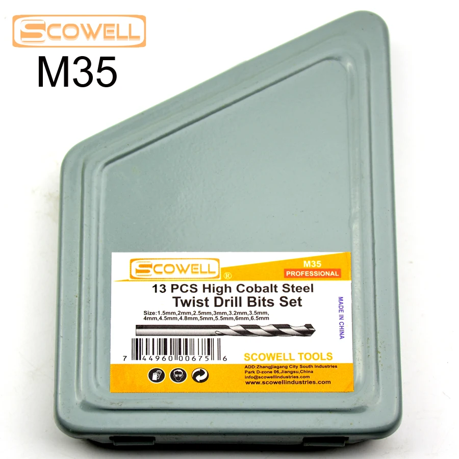 SCOWELL 13 Uds HCO M35 cobalto 5% vástago redondo brocas helicoidales Kit 1,5mm a 6,5mm punta dividida broca de perforación de acero inoxidable