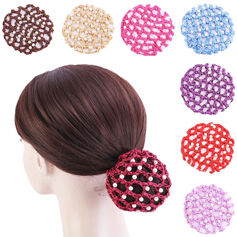 Furling Girl Crochet Pearl Elastic Hair Nets Ballet Dancing Snood Net Hair Bands Bun Covers Ornament for Ladies Headwear 2021