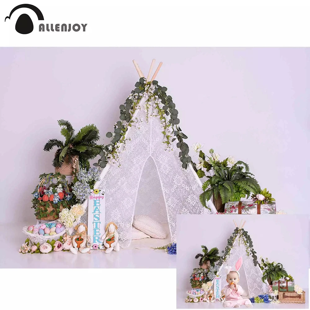 

Allenjoy Easter Egg Children Photography Background Rabbit Tent Tropical Plant Leaves Photobooth Baby Shower Photo Backdrops