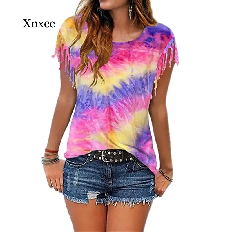 Women Cotton Tassel Casual T-shirt Sleeveless Tie-dyed Color Tees O-neck Women's Clothing T Shirt Hot Sales In 2020