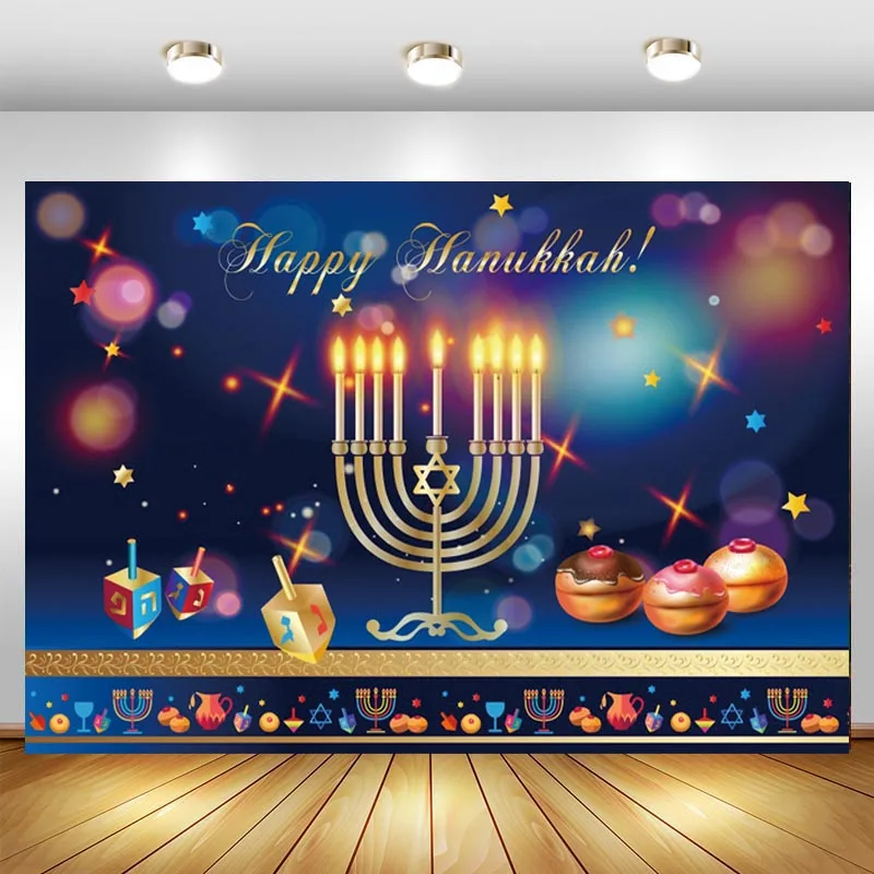 

Happy Hanukkah Backdrop Jewish New Year Party Festivals Menorah Candle Balloons Photography Background Photo Studio Props Banner