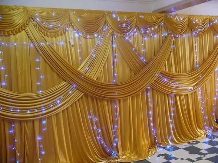 

A set 3x6m Luxury Wedding backdrop with multiple gold drape wedding curtain with swag party decoration free shipping