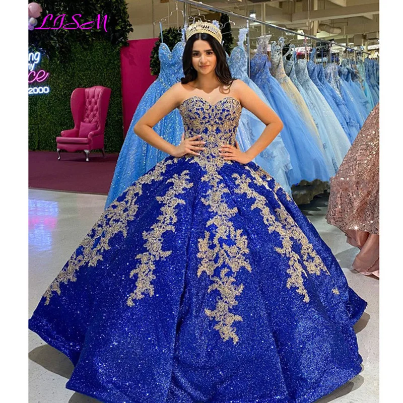 Brilho lantejoulas azul royal quinceanera vestidos de renda applqiue doce 16 vestidos de baile vestidos de 15 años vestidos formais com espartilho