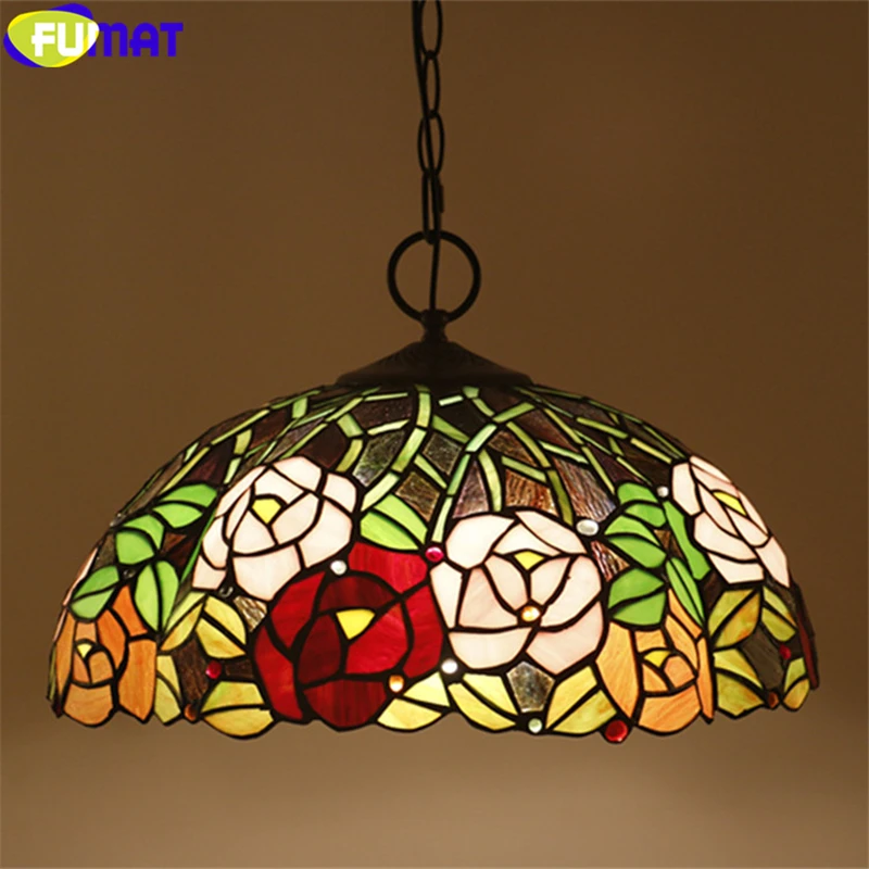 FUMAT Tiffany Pendant Lamp Red Pink Blue Rose Drawing Stained Glass Gemstone Lampshade Light For Dinning Handicraft Home Decor