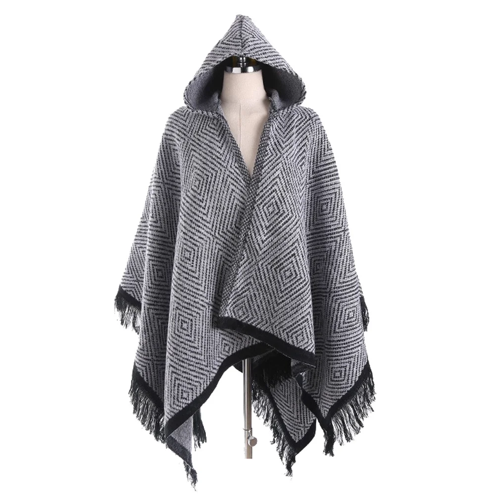 Aztec Hooded Poncho With Tassels Women's Knitted Coat Open Stitch Sweaters Ponchos New 150cm*130cm Dropshipping