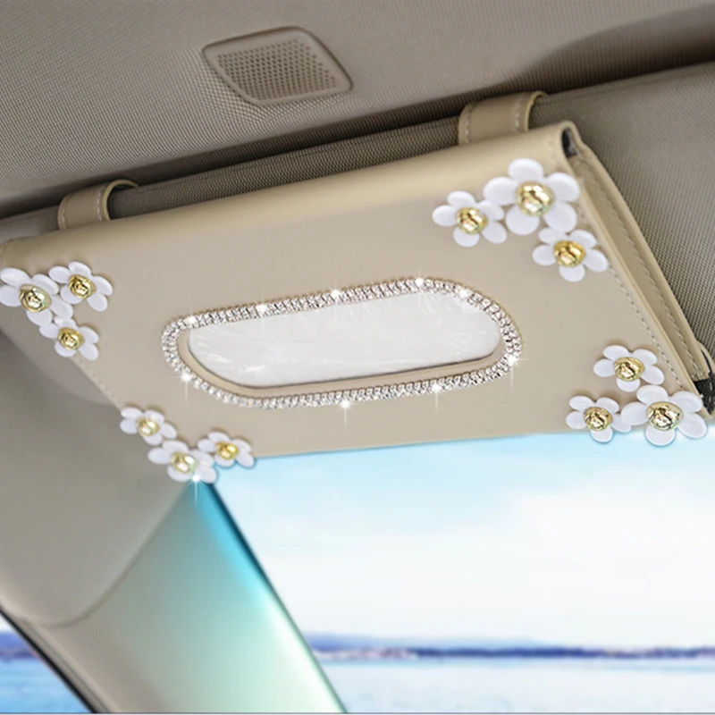 1 Pcs Car Crystal Paper Box with Chrysanthemum Crystal Tissue Box Cae Interior Decoration Accessories for Sun Visor Type