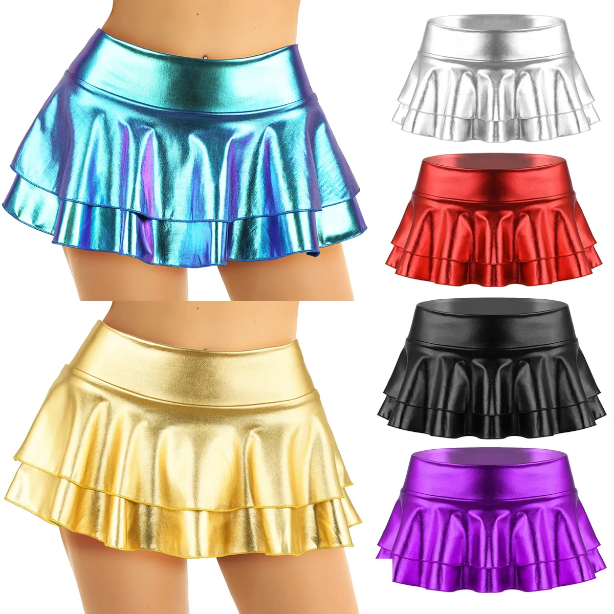 Women Shiny Metallic Sexy Mini Skirt Leotard Nightclub Pole Dance Festival Rave Costume Chic Girls  Double Layered Ruffled Skirt