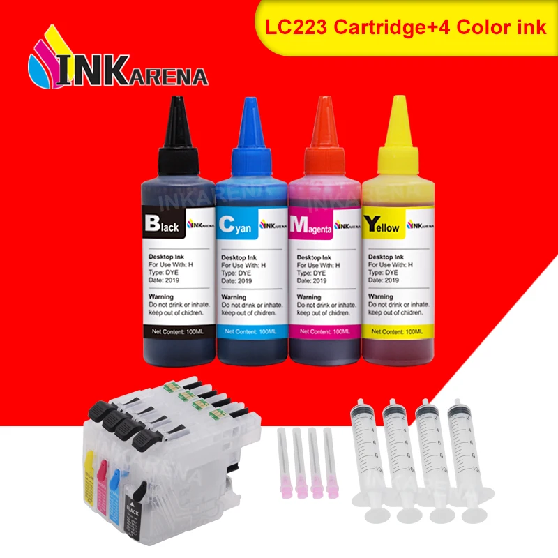 INKARENA LC 223 XL Printer Ink Cartridges For Brother LC221 LC225 LC227 LC229 + 400ml Bottle Ink MFC-J5320DW J5620DW J5625DW